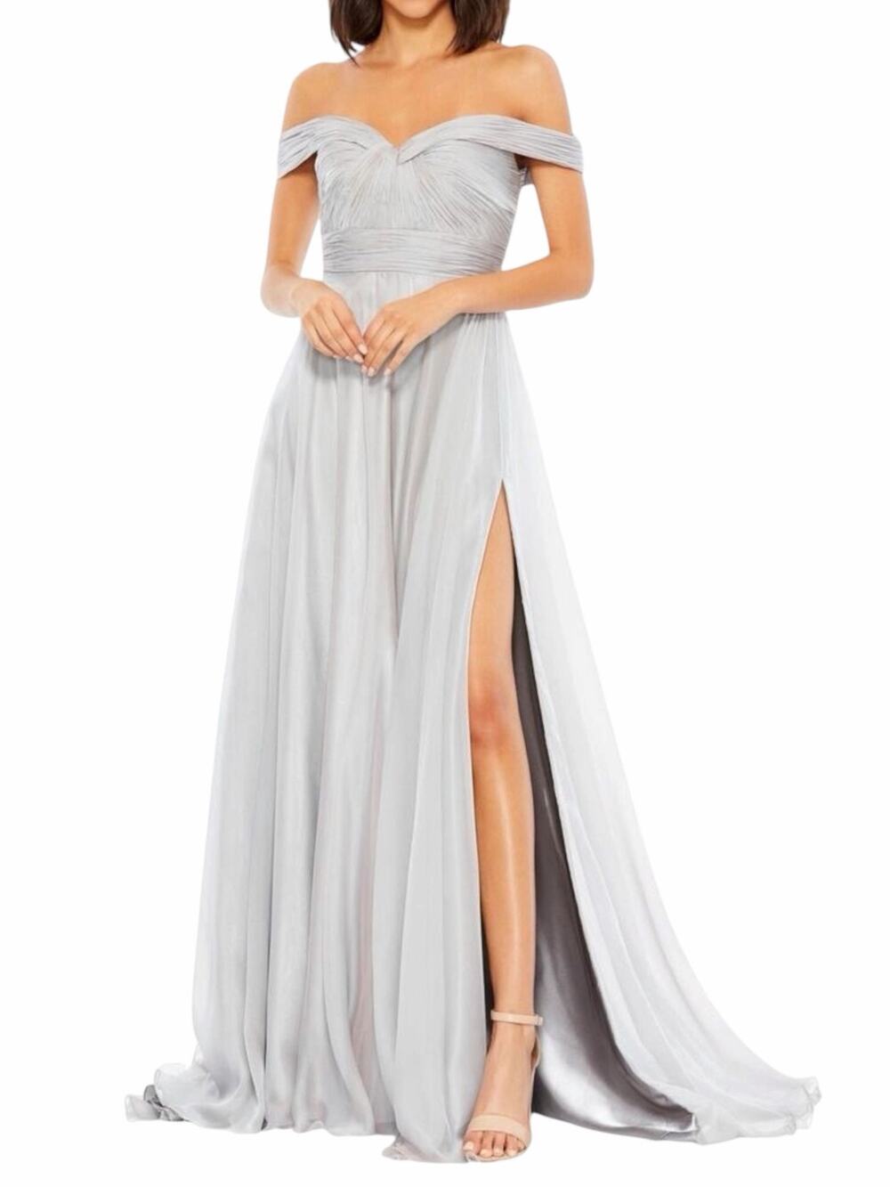 Mac Duggal Off The Shoulder Ruched A Line Gown Pearl Gray Size 18